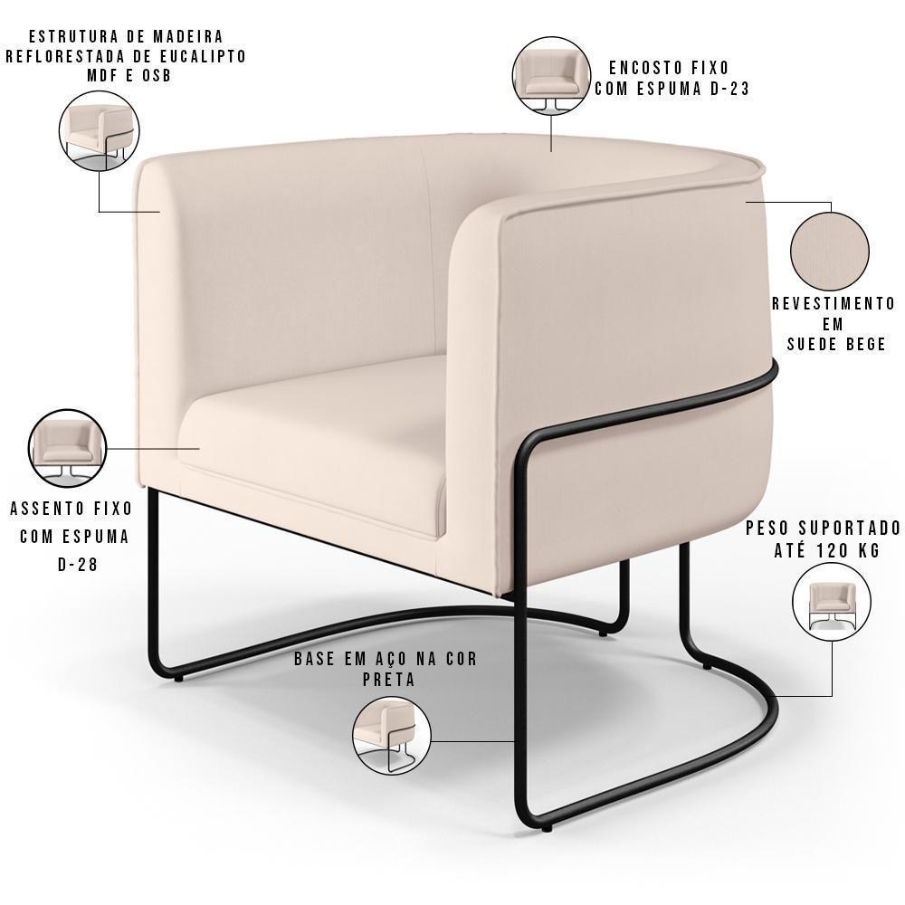 Kit 02 Poltronas Fixa Base De Aço Preto Veludo Bege C-309 - 8