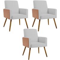 Kit 03 Poltronas Pés Palito Linho Cinza Couríssimo Camel - 1