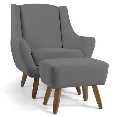 Poltrona Fixa Com Puff Juliet D02 Linho Cinza Pés De Madeira Lyam Decor