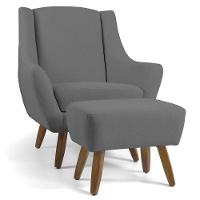 Poltrona Fixa Com Puff Pés De Madeira Linho Cinza C-416 - 1