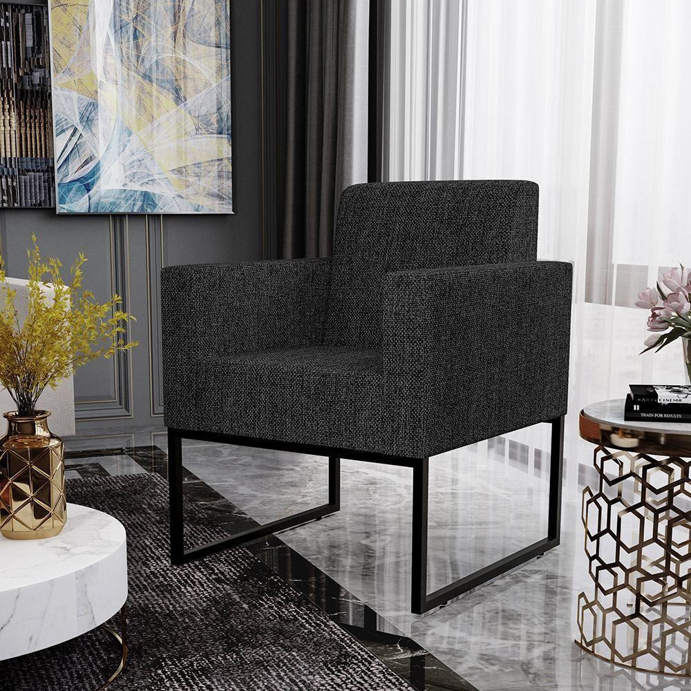 Kit 03 Poltronas Recepção Base Fixa Metal Linho Chumbo - 10