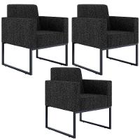 Kit 03 Poltronas Recepção Base Fixa Metal Linho Chumbo - 1