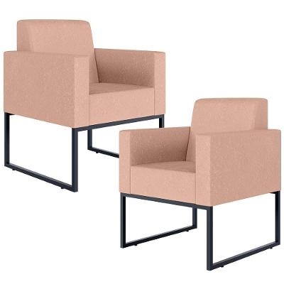 Kit 02 Poltronas Decorativas Helô L02 Base Fixa Linho Rosa Lyam Decor