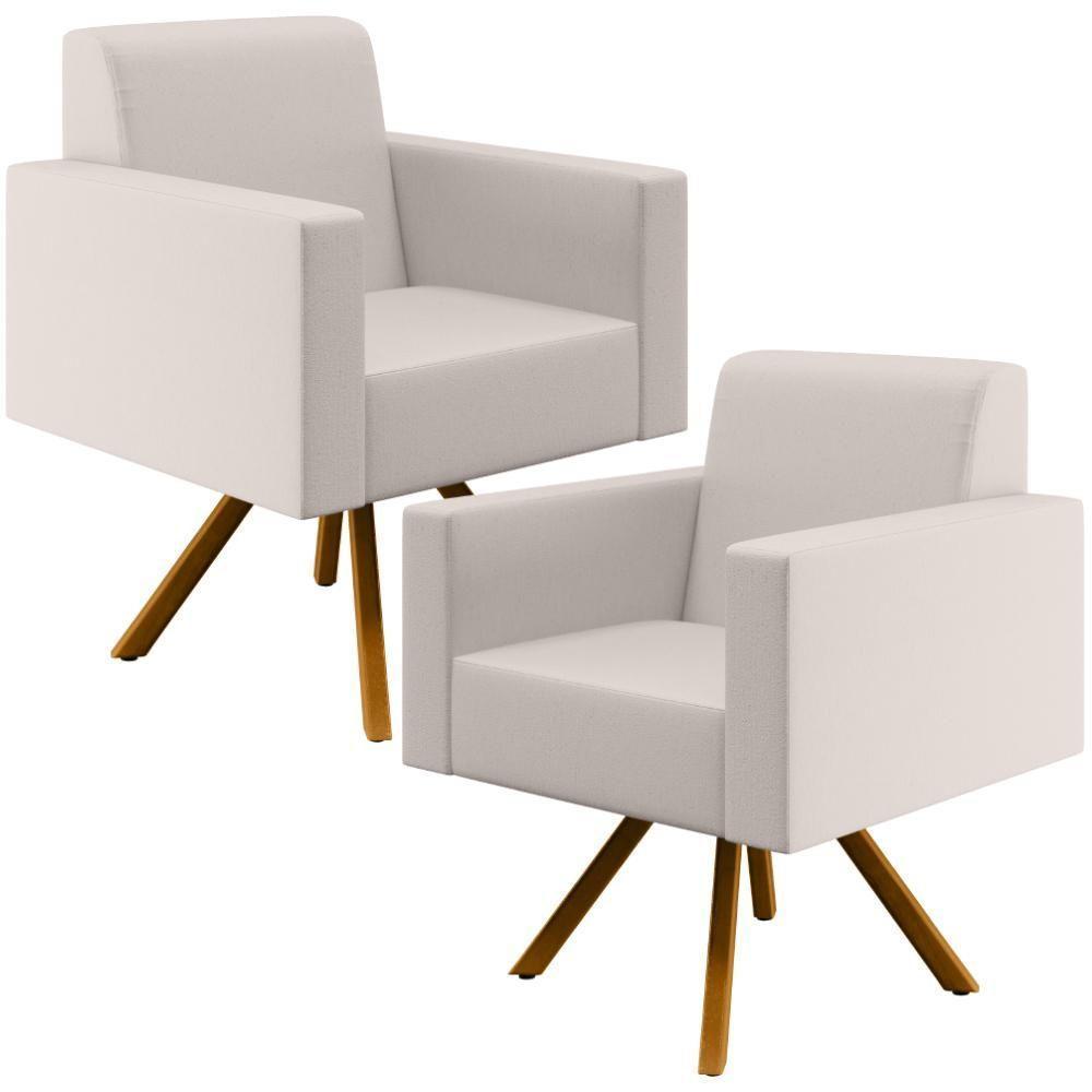 Kit 02 Poltronas Base Giratória De Madeira Helô L02 Cru - 1