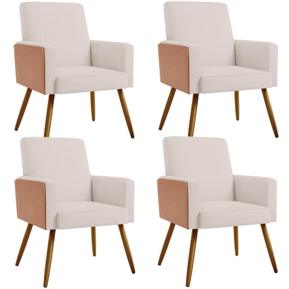 Kit 04 Poltronas Pés Palito Linho Cru Couríssimo Camel - 1