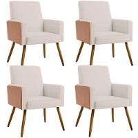 Kit 04 Poltronas Pés Palito Linho Cru Couríssimo Camel - 1