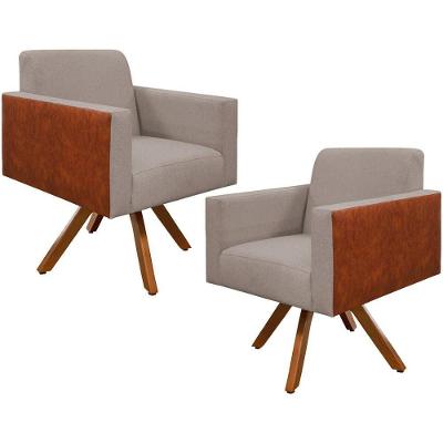 Kit 02 Poltronas Decorativa Helô L02 Base Giratória Linho Bege Marrom Lyam Decor