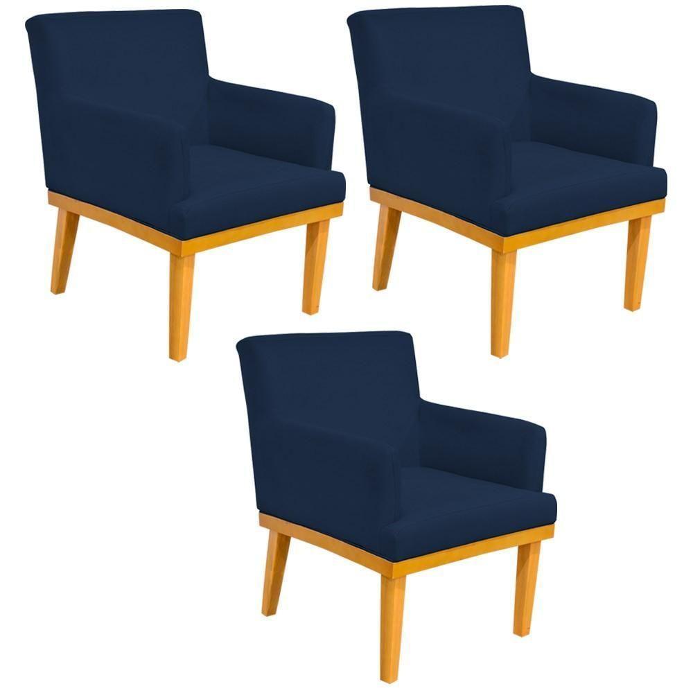 Kit 03 Poltronas Base Mel Beatriz W01 Suede Azul Marinho - 1