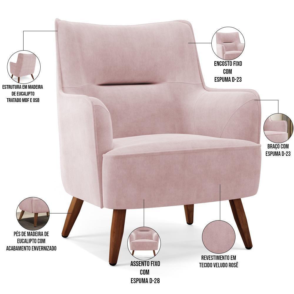Poltrona Fixa Pés De Madeira Isabella Veludo Rosê C-305 - 5