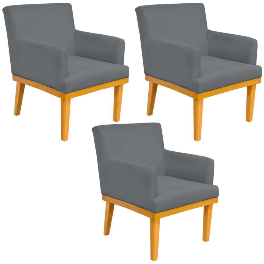 Kit 03 Poltronas Base Mel Beatriz W01 Suede Cinza - 1