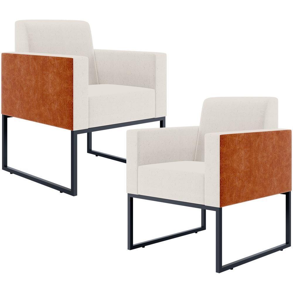 Kit 02 Poltronas Sala Base Metal Linho Cru Couríssimo Camel - 1