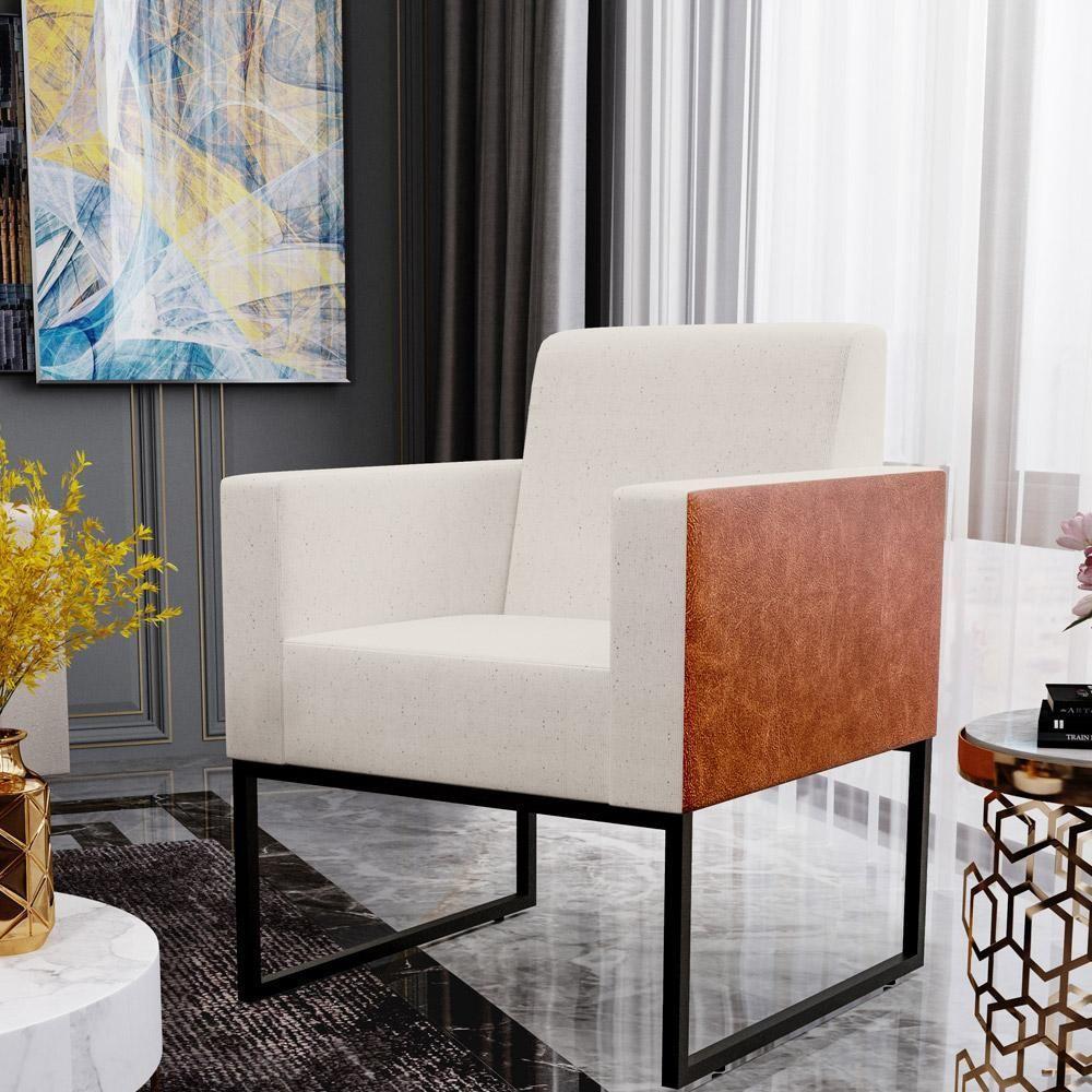 Kit 02 Poltronas Sala Base Metal Linho Cru Couríssimo Camel - 10