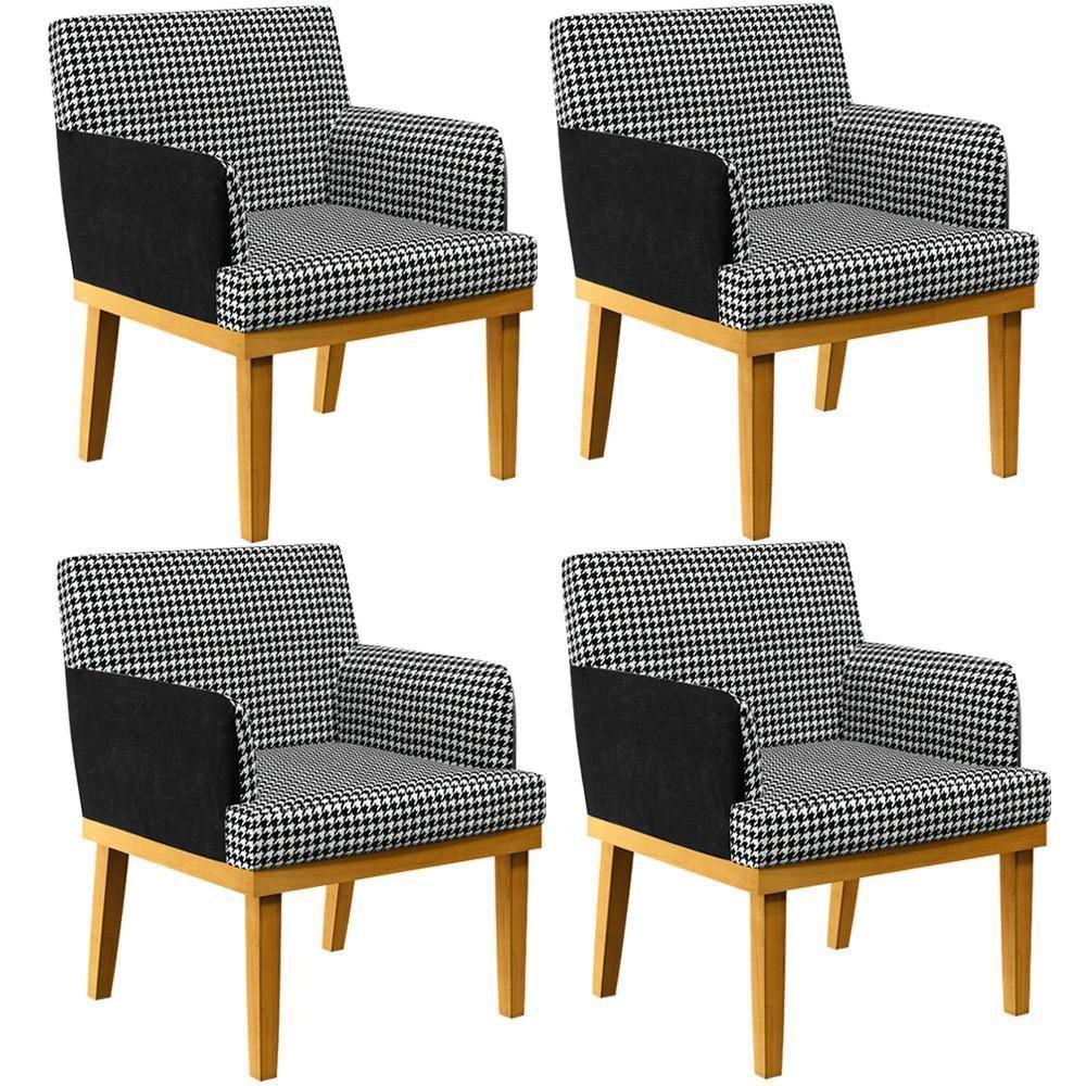 Kit 04 Poltronas Base Mel Suede Pied Poule Couríssimo Preto - 1