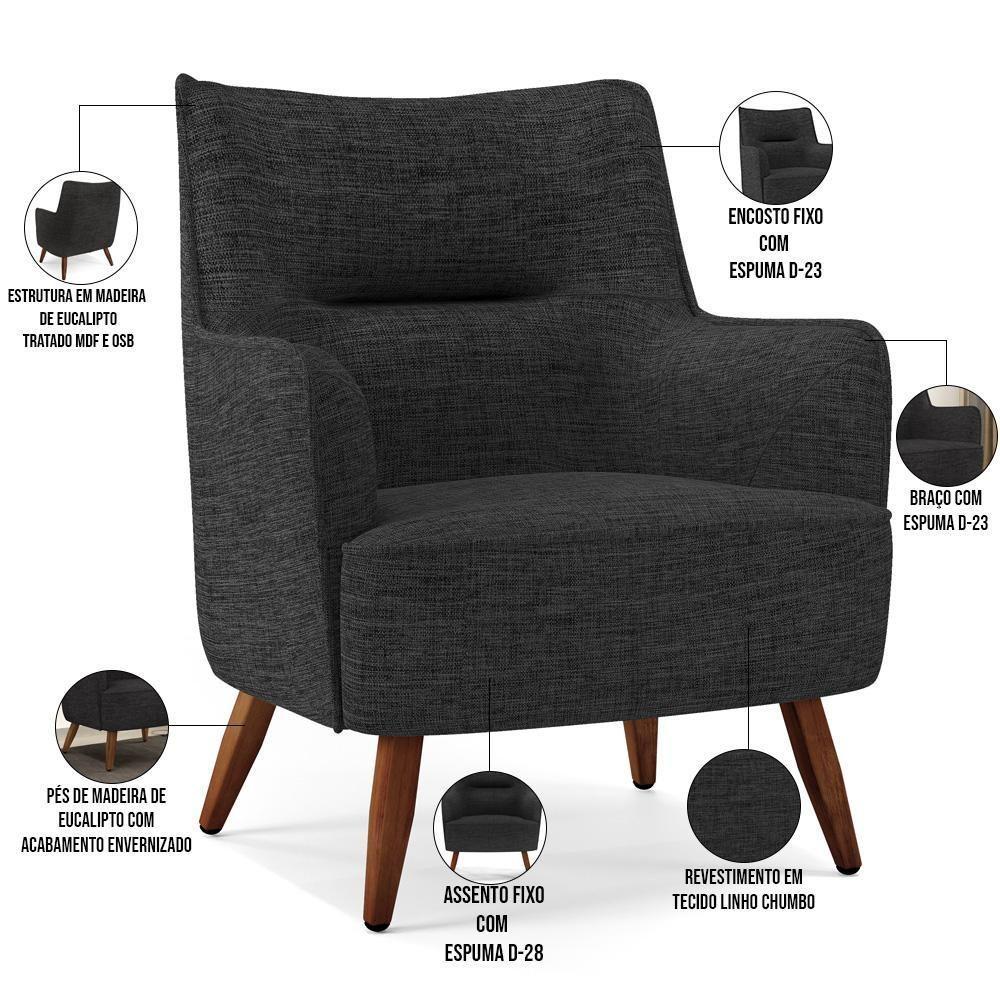 Poltrona Fixa Pés De Madeira Isabella Linho Chumbo D-465 - 7