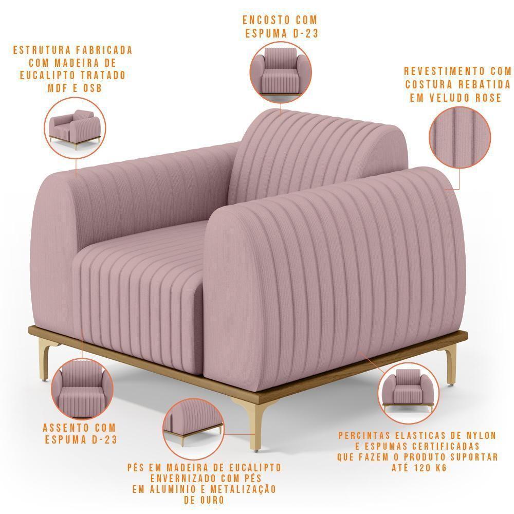 Kit 02 Poltronas E Pés D'Ouro Molino D02 Veludo Rosê C-305 - 6