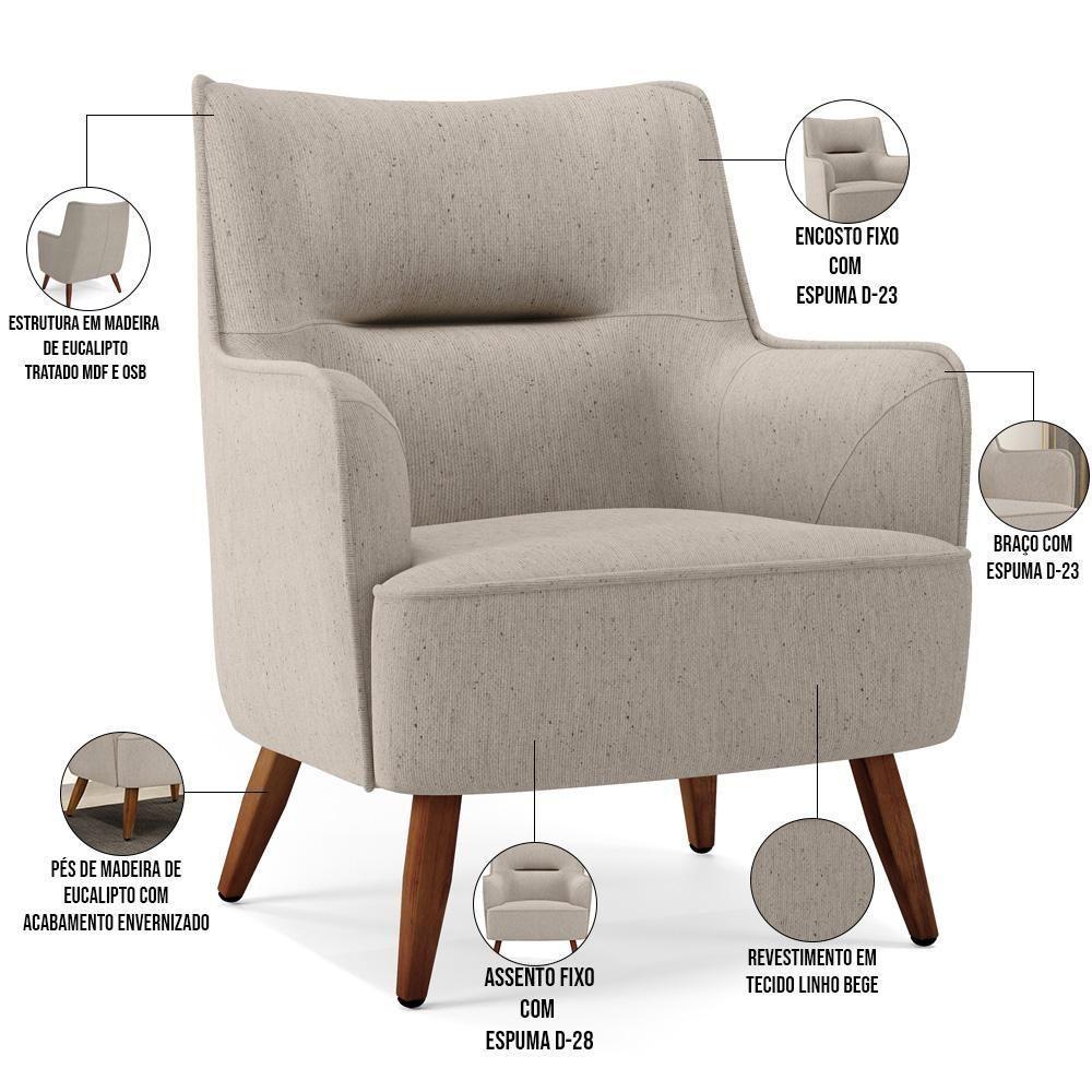 Kit 02 Poltronas Pés De Madeira Isabella D02 Bege C-107 - 6