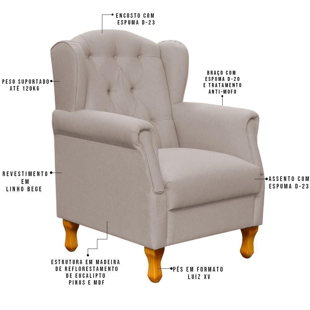 Kit 02 Poltronas Para Sala De Estar Yara P02 Linho Bege - 5