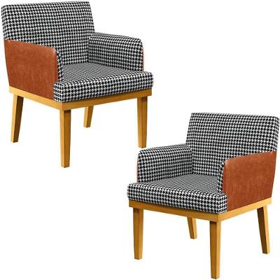 Kit 2 Poltronas Beatriz W01 Suede Pied Poule Couríssimo Camel Lyam Decor