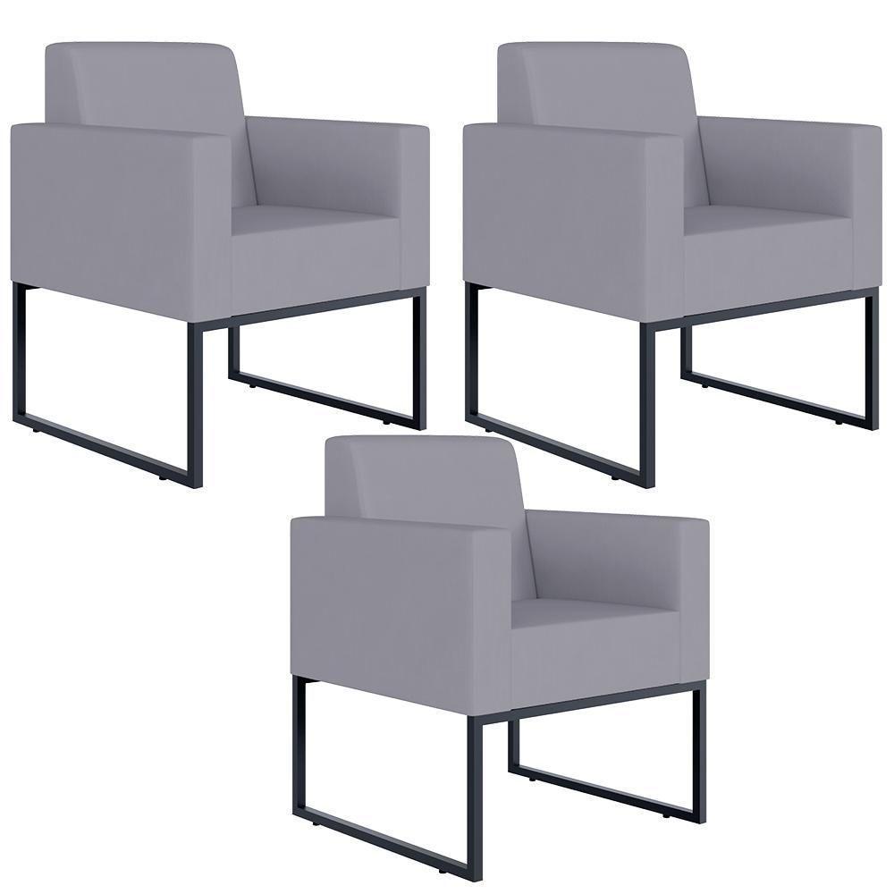 Kit 03 Poltronas Base Fixa De Metal Helô L02 Suede Cinza - 1