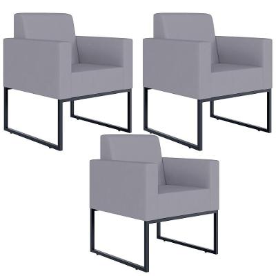 Kit 03 Poltronas Base Fixa De Metal Helô L02 Suede Cinza