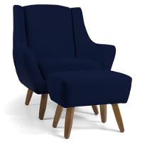 Poltrona Com Puff Pés De Madeira Veludo Azul Marinho C-287 - 1