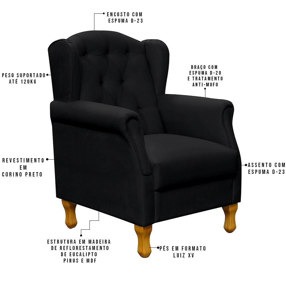 Kit 02 Poltronas Para Sala De Estar Yara P02 Corino Preto - 6