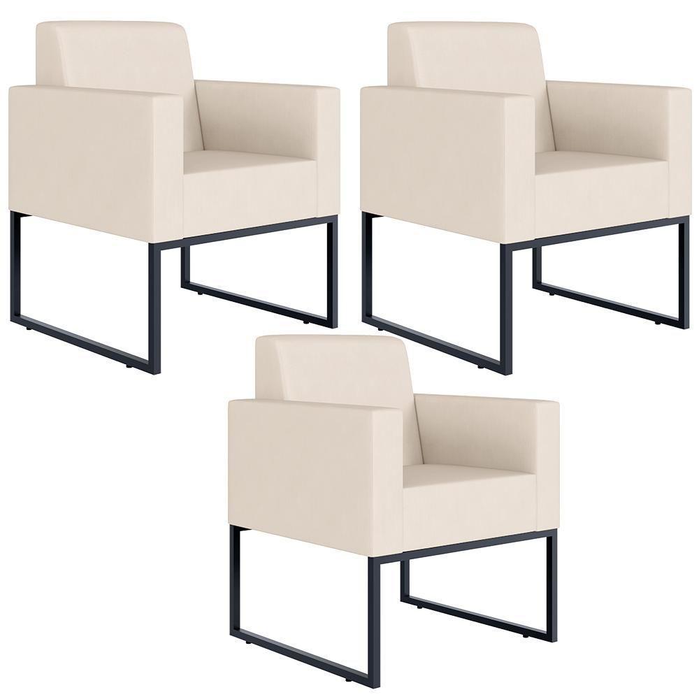 Kit 03 Poltronas Base Fixa De Metal Helô L02 Suede Bege - 1