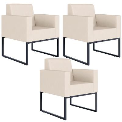 Kit 03 Poltronas Base Fixa De Metal Helô L02 Suede Bege