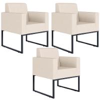 Kit 03 Poltronas Base Fixa De Metal Helô L02 Suede Bege - 1