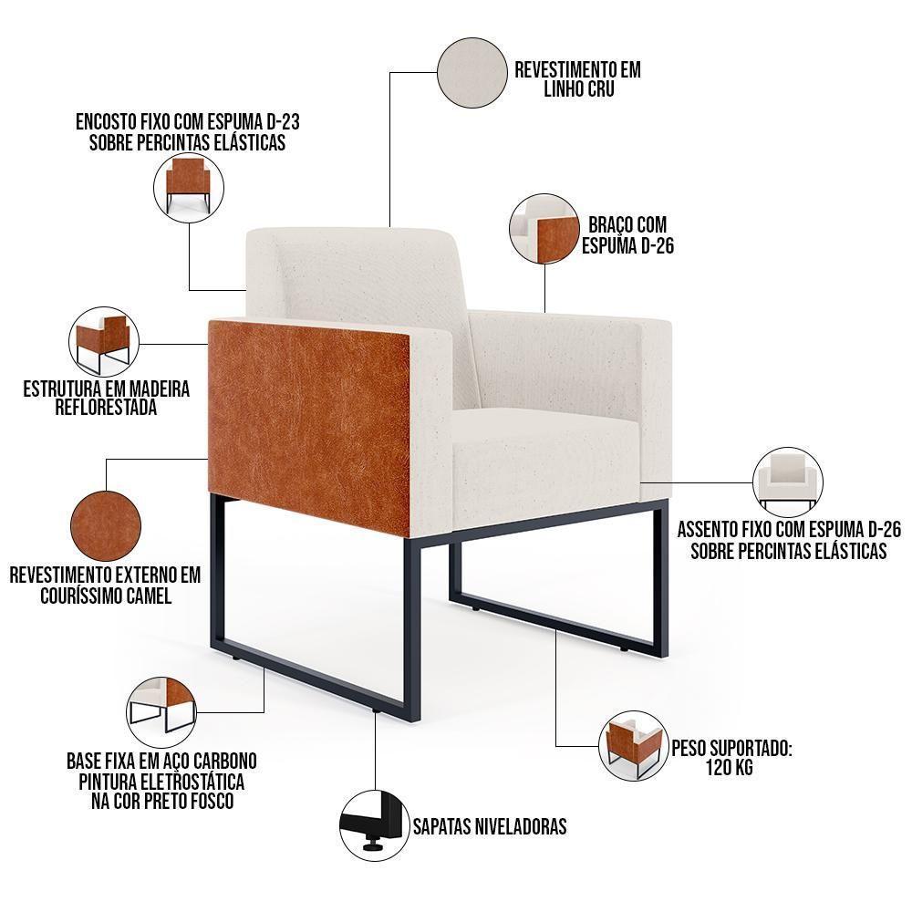 Kit 03 Poltronas Base Fixa Metal Helô L02 Linho Cru Camel - 8