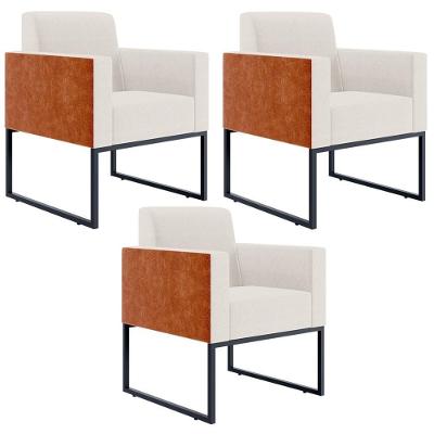 Kit 03 Poltronas Decorativas Helô L02 Base Fixa Metal Linho Cru Couríssimo Camel Lyam Decor