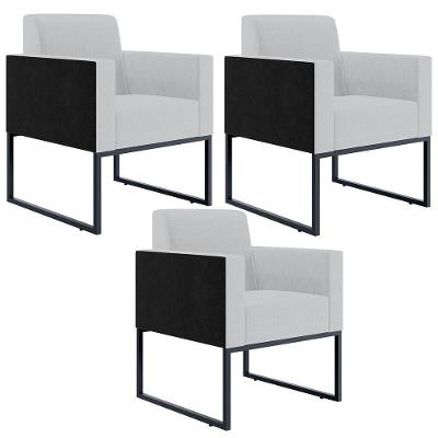 Kit 3 Poltronas Decorativas Helô L02 Linho Cinza Courino Preto Lyam Decor