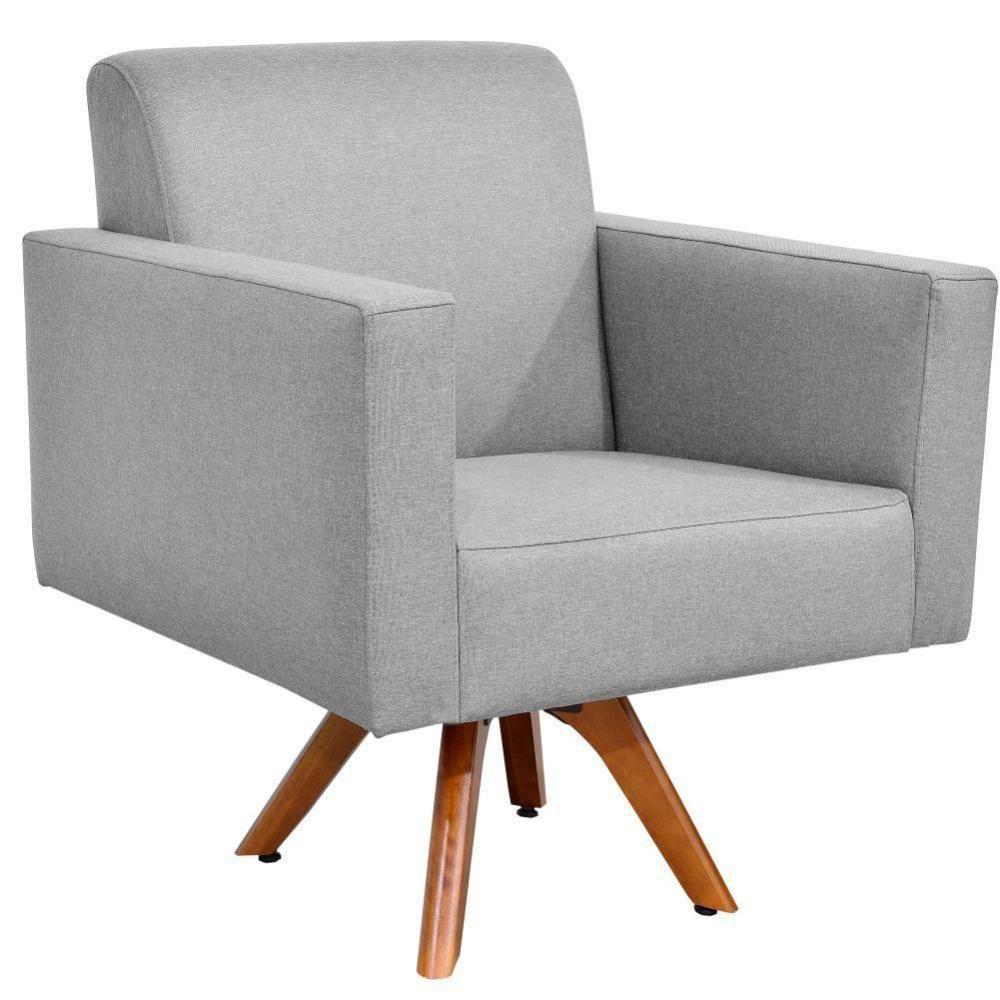 Poltrona Giratória Base De Madeira Linho Cinza Escuro - 1