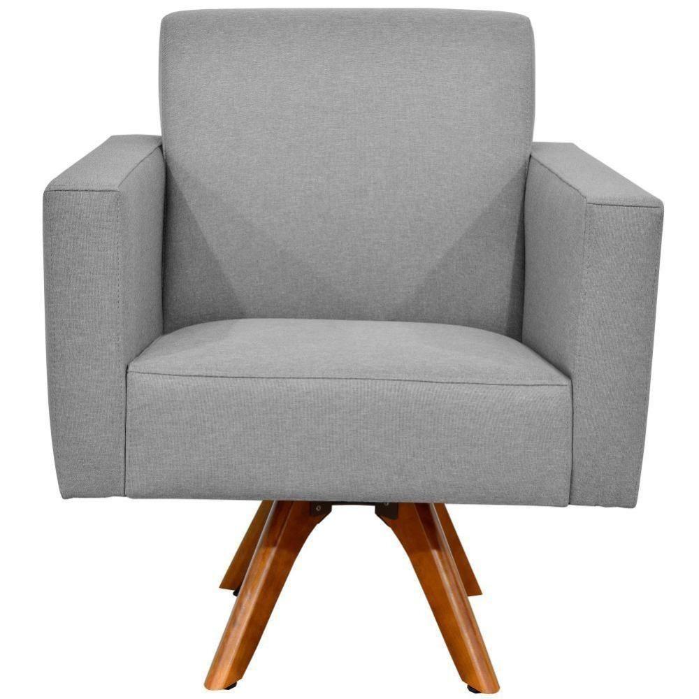 Poltrona Giratória Base De Madeira Linho Cinza Escuro - 2