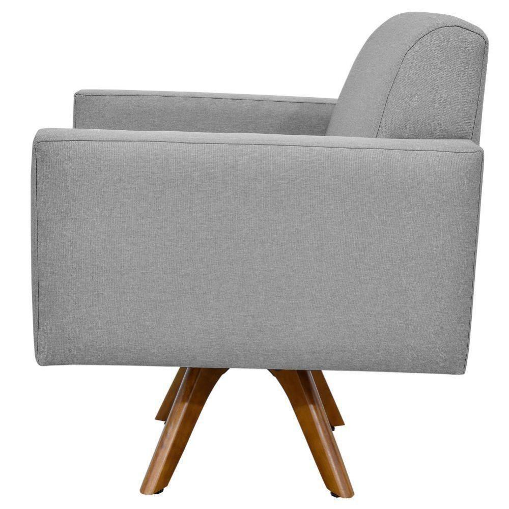 Poltrona Giratória Base De Madeira Linho Cinza Escuro - 4