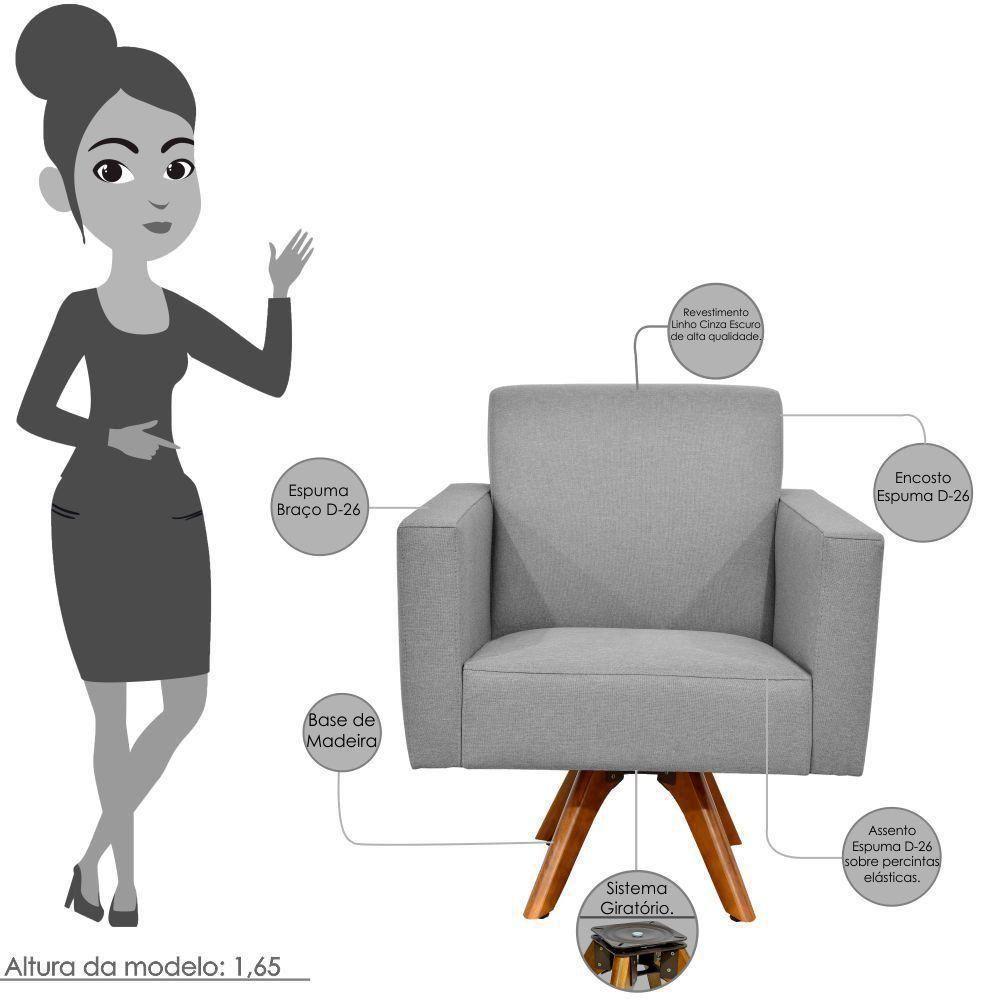 Poltrona Giratória Base De Madeira Linho Cinza Escuro - 6