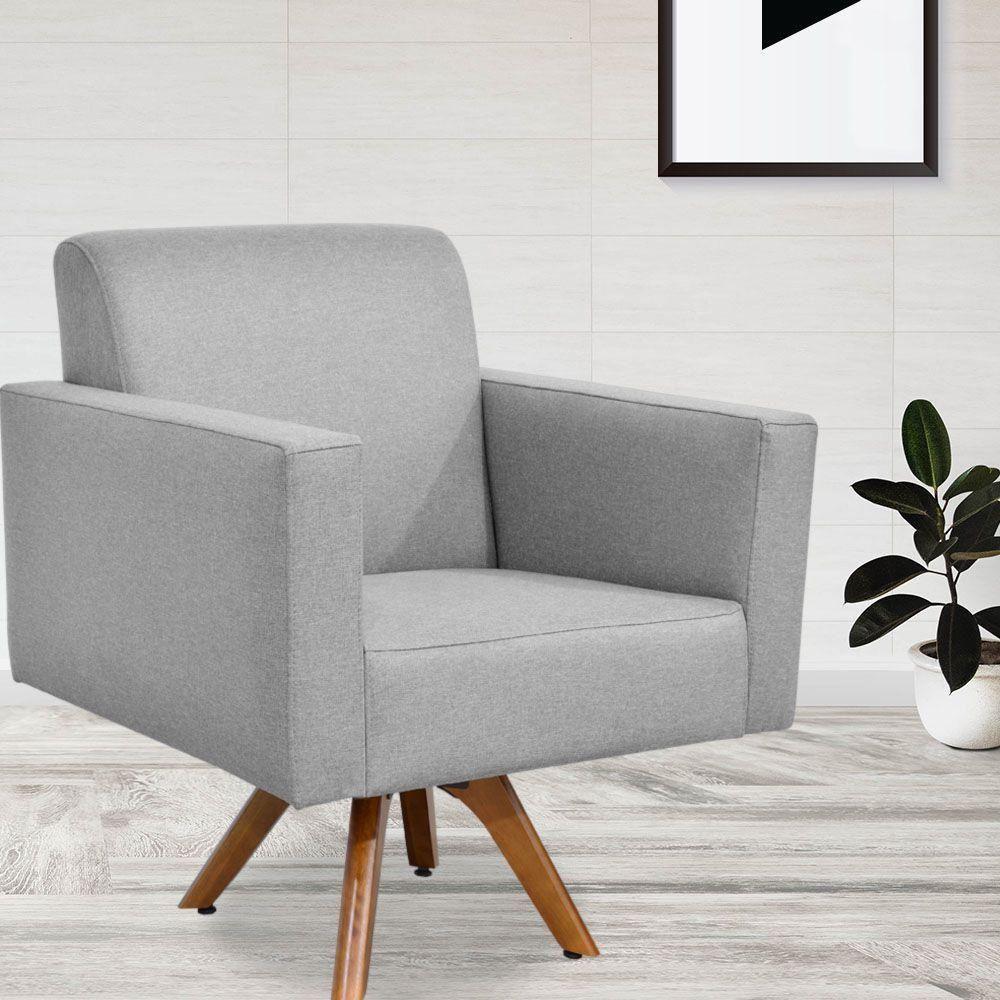 Poltrona Giratória Base De Madeira Linho Cinza Escuro - 7