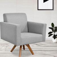 Poltrona Giratória Base De Madeira Linho Cinza Escuro - 7