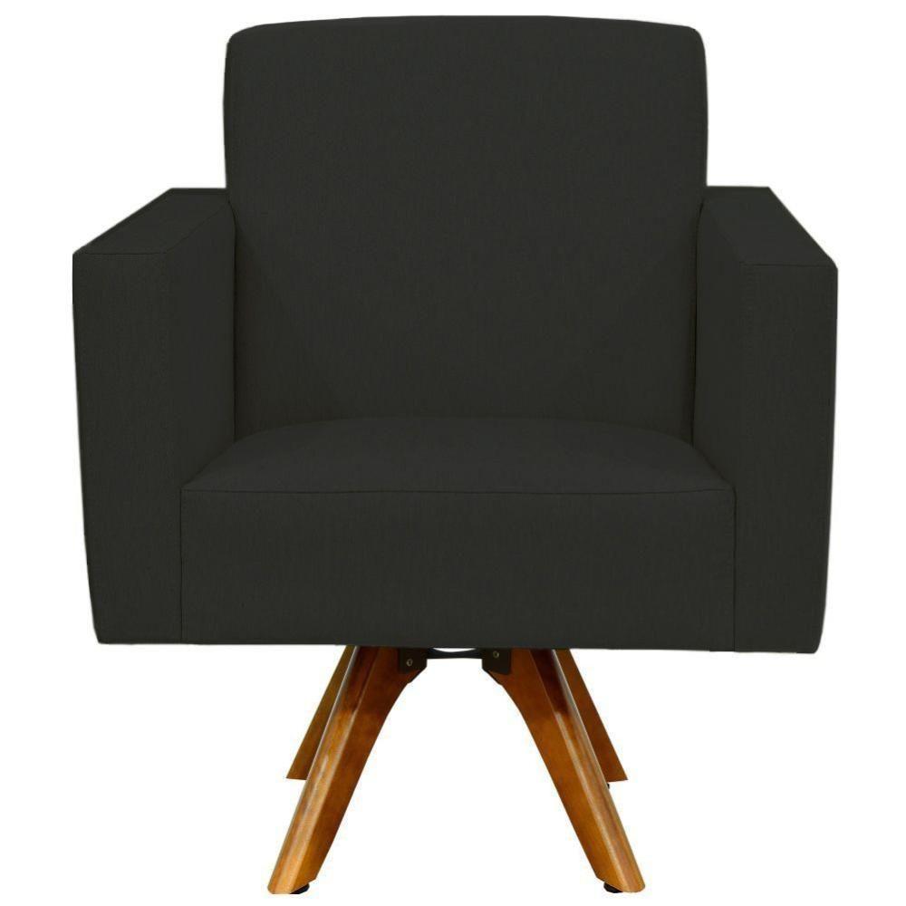 Poltrona Giratória Base De Madeira Suede Preto - 5
