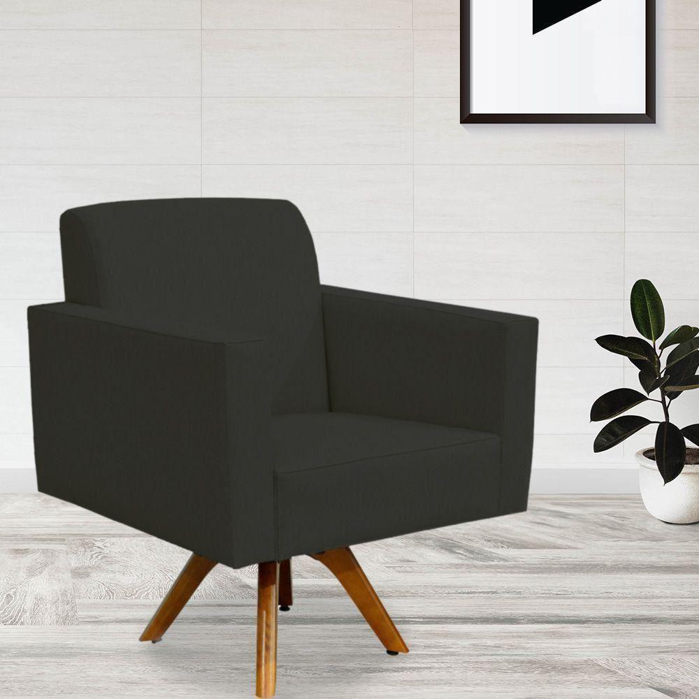 Poltrona Giratória Base De Madeira Suede Preto - 7