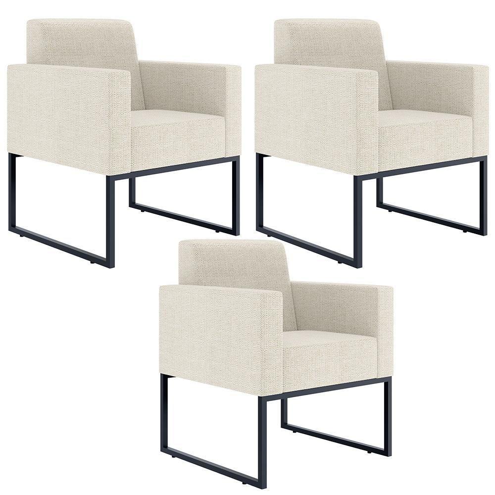 Kit 03 Poltronas Base Fixa Metal Helô L02 Linho Champagne - 1