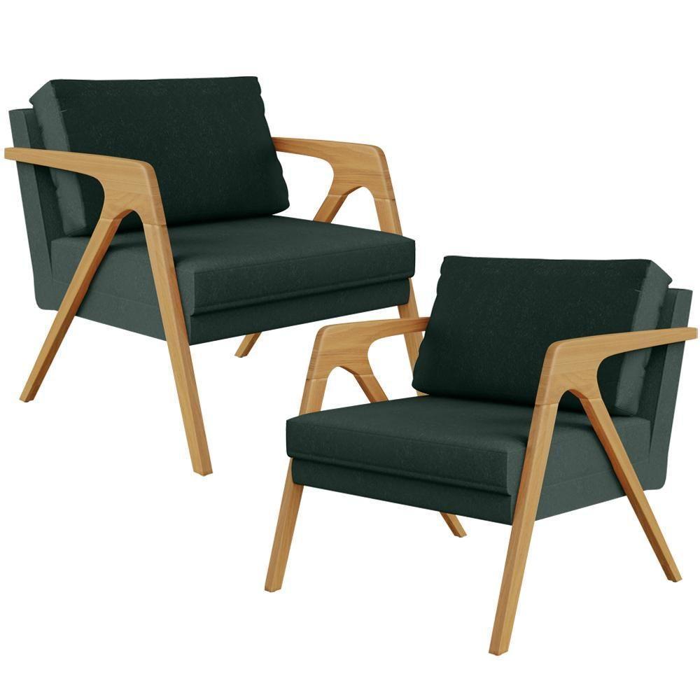 Kit 02 Poltronas Pietra Estrutura L02 Linho Verde Musgo - 1