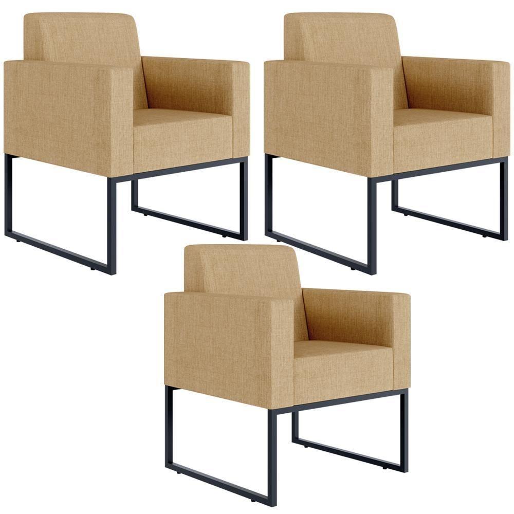 Kit 03 Poltronas Base De Metal Linho Bege Escuro - 1