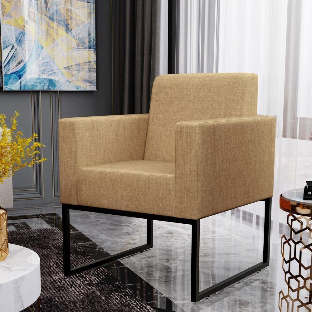 Kit 03 Poltronas Base De Metal Linho Bege Escuro - 10