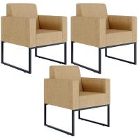 Kit 03 Poltronas Base De Metal Linho Bege Escuro - 1