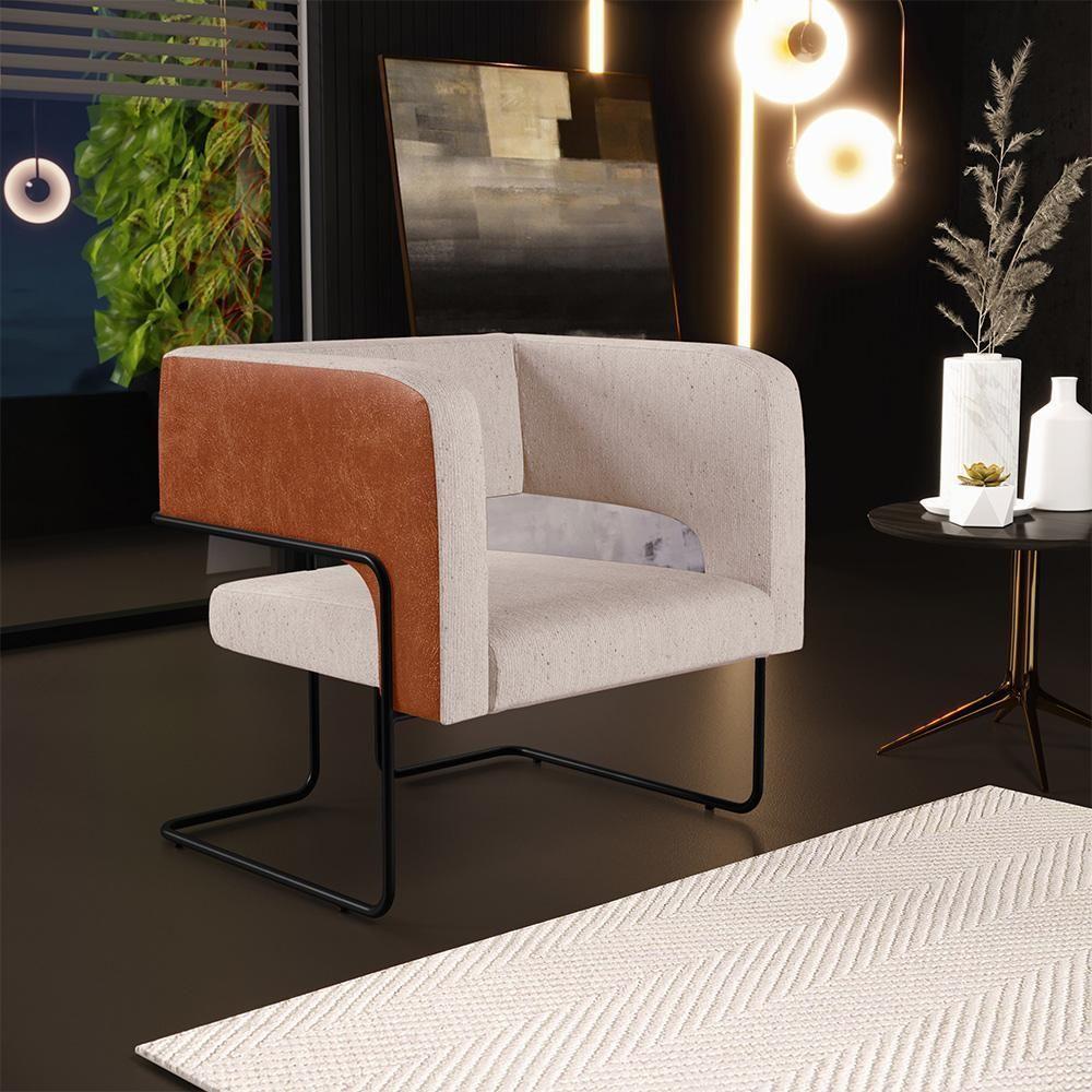 Poltrona Base Aço Preto Couríssimo Camel B-14 Linho Bege - 7