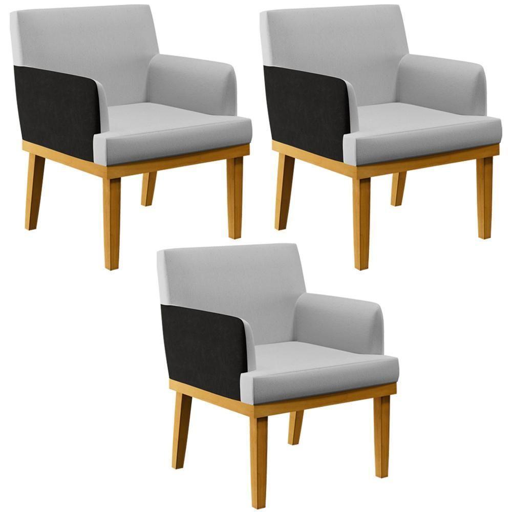 Kit 03 Poltronas Beatriz W01 Linho Cinza Couríssimo Preto - 1