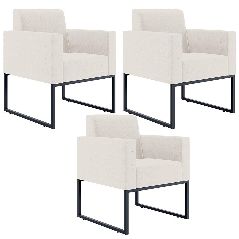 Kit 03 Poltronas Base Fixa De Metal Helô L02 Linho Cru - 1