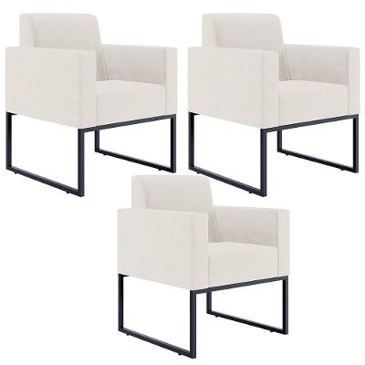 Kit 03 Poltronas Decorativas Helô L02 Base Fixa Metal Linho Bege Lyam Decor