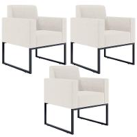 Kit 03 Poltronas Base Fixa De Metal Helô L02 Linho Cru - 1